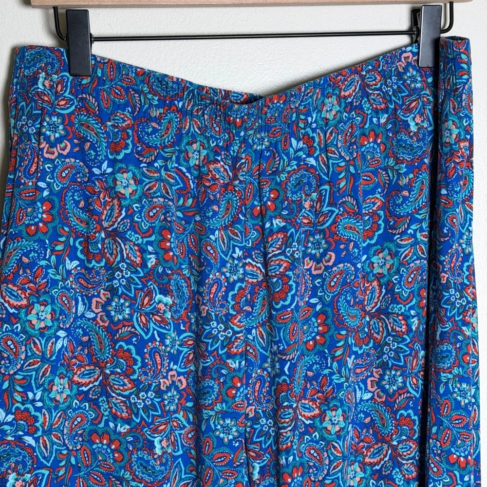 J. Jill Women 100% Rayon Pants M Petite Blue Paisley Floral Elastic Resort Boho